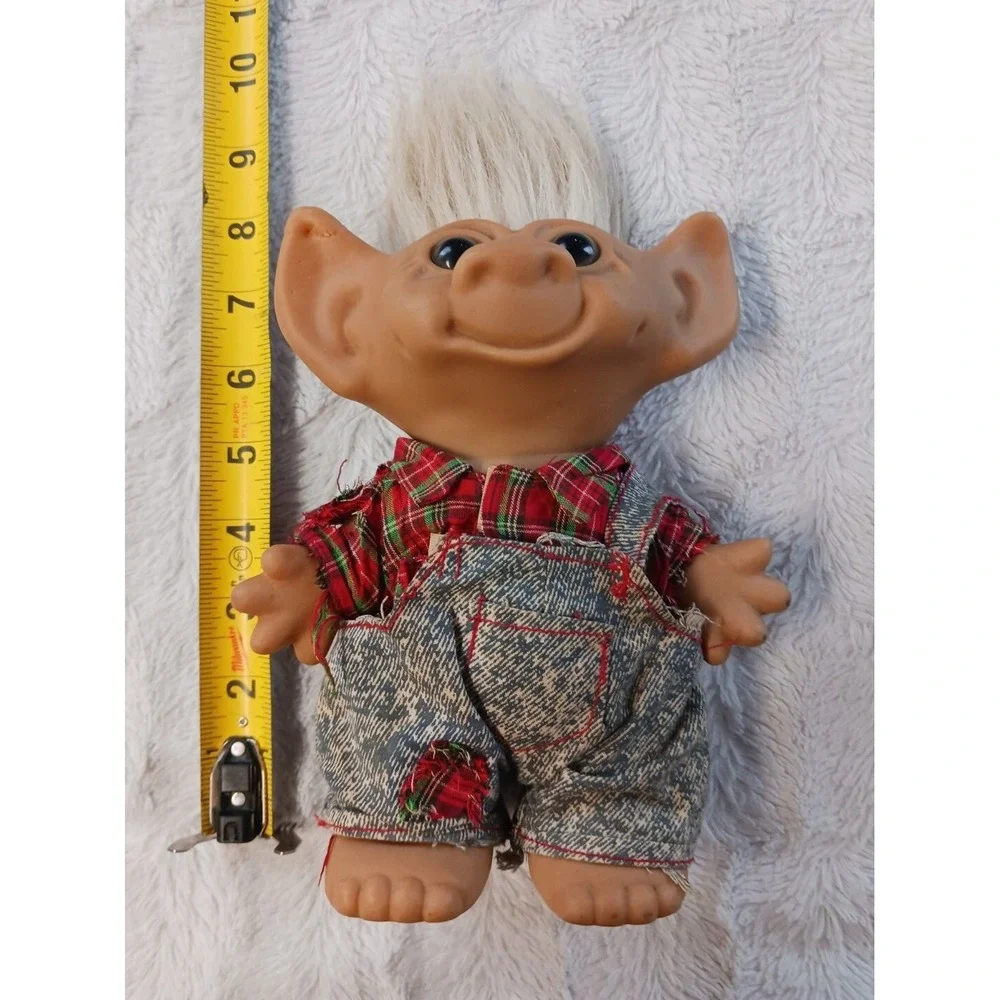 Uneeda WISHNIK Farmer Troll White Hair 8 Inch Doll with Bib Overalls Plaid Shirt